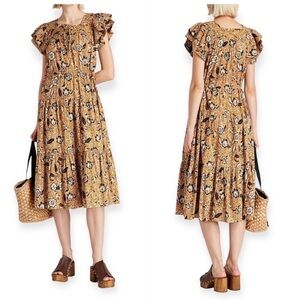 New with tag, ULLA JOHNSON   Zuma Printed‎ Tie-front Midi Dress In Amber Size 2